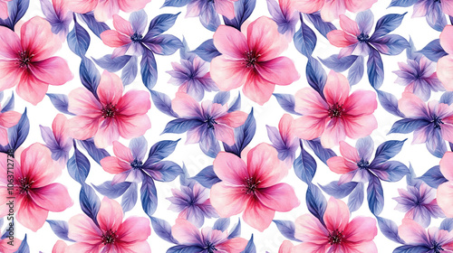 Fototapeta Naklejka Na Ścianę i Meble -  Seamless pattern of watercolor cannabis blossoms on a crisp white background perfect for fabric design or decorative purposes