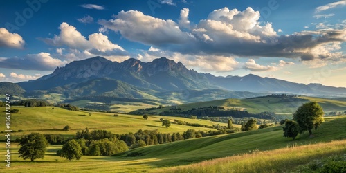 Majestic Mountain Range Overlooking Lush Countryside Landscape in Naturalistic Style Photography