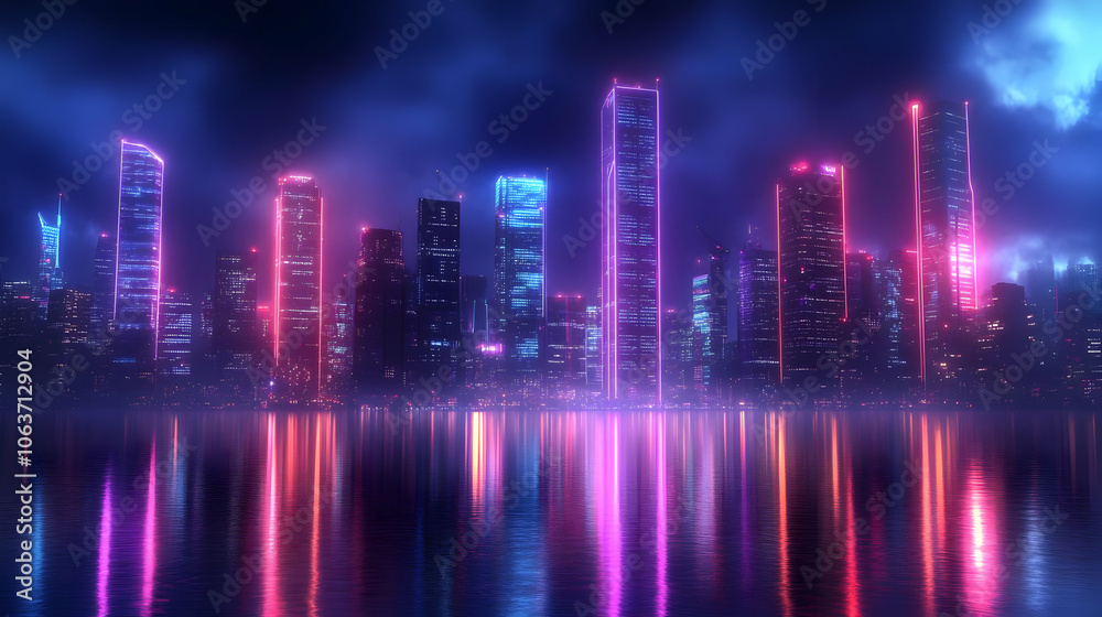Neon Cityscape with Reflections - 3D Illustration Neon Cityscape with Reflections - 3D Illustration