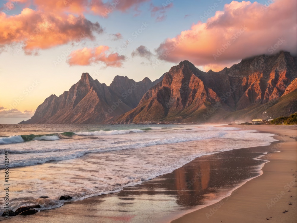 Majestic Mountains Embrace Rugged Ocean Coastline Under Soft Light at Dusk with Gentle Waves Majestic Mountains Embrace Rugged Ocean Coastline Under Soft Light at Dusk with Gentle Waves