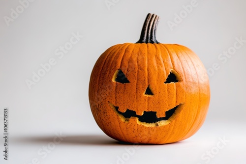 Smiling carved pumpkin on plain background