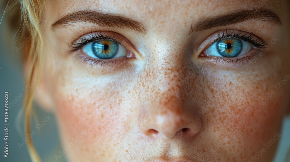 Fototapeta premium A young woman gazes directly at the viewer, her striking blue eyes and freckles highlighted by soft, natural light, conveying a sense of serenity and charm.