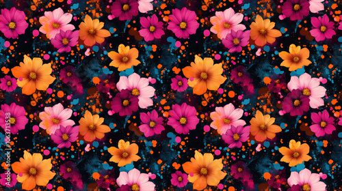 Colorful abstract seamless pattern featuring vibrant flowers and paint stains ideal for fabric and textile design summer themed prints