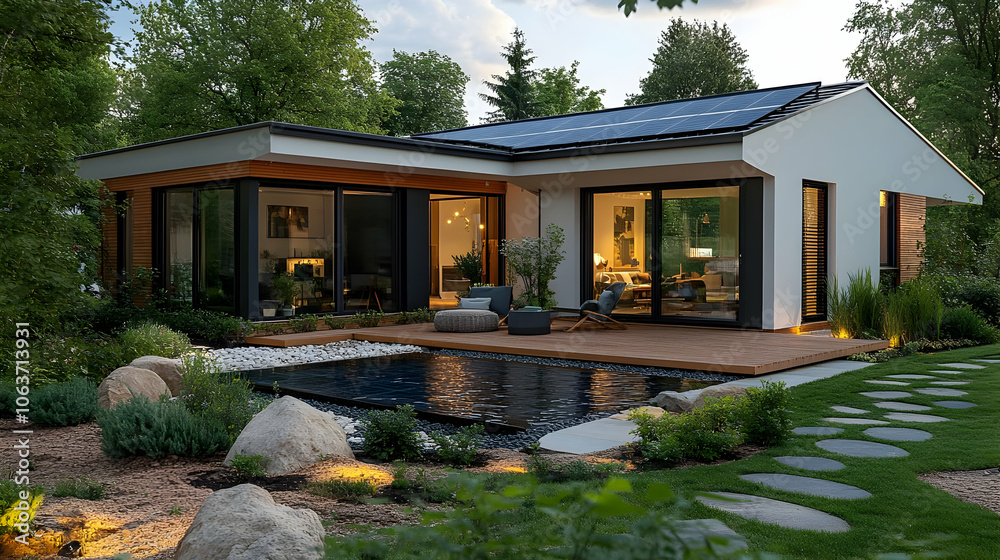 Fototapeta premium Modern Home with Pool and Patio - Illustration