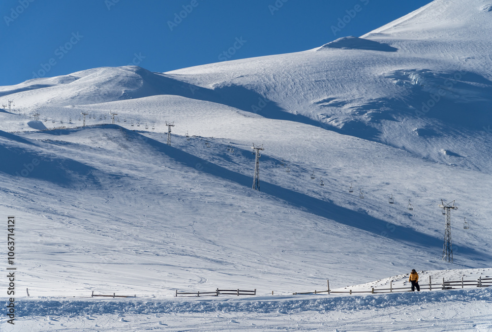 A panoramic view of El Colorado Ski Resort in the Andes, featuring empty slopes and chairlifts on a beautiful winter day, showcasing the serene beauty of the landscape.