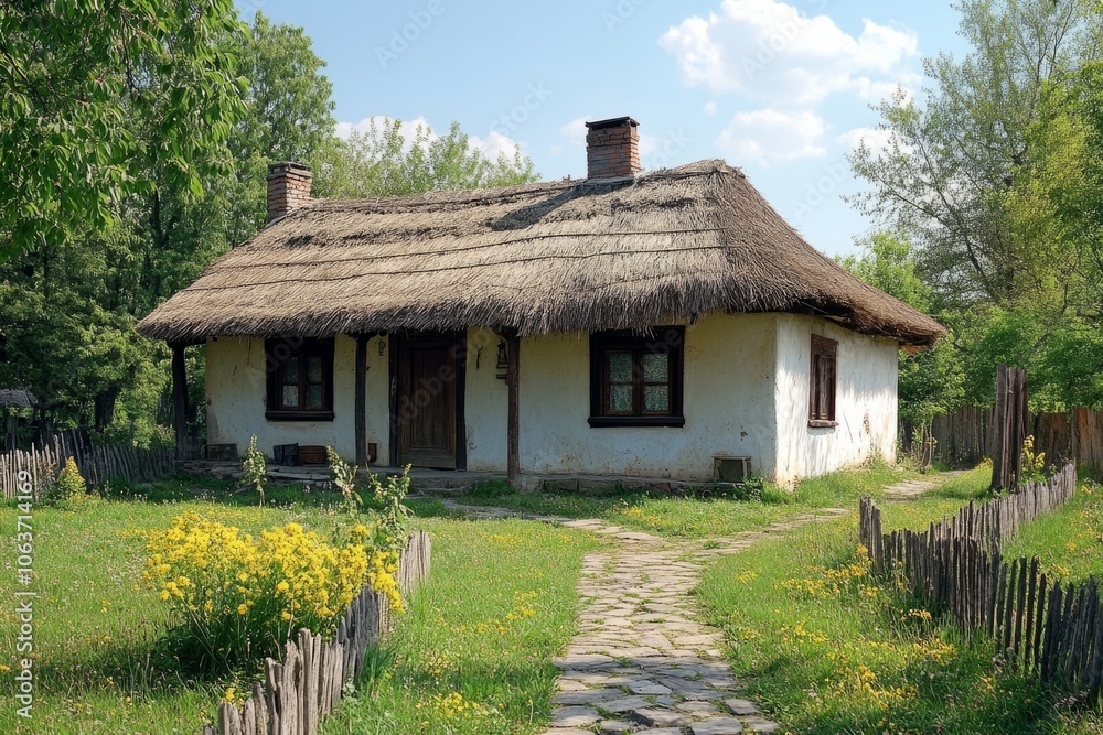 Old traditional ukrainian hut with thatched roof in rural countryside