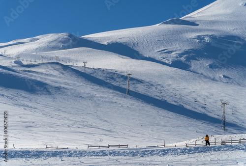 A panoramic view of El Colorado Ski Resort in the Andes, featuring empty slopes and chairlifts on a beautiful winter day, showcasing the serene beauty of the landscape. photo