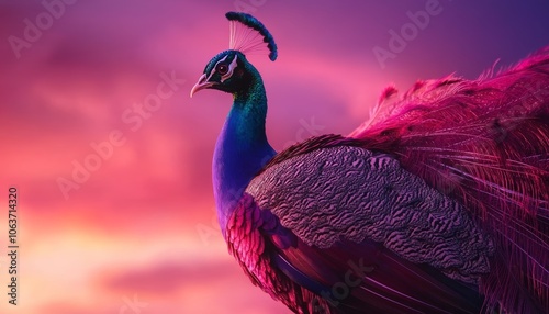 A peacock with emerald green and hot pink feathers spreading its tail against a sunset sky.