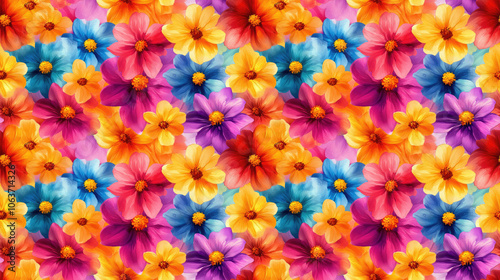 Seamless pattern of vibrant watercolor flowers in various colors perfect for fabric design and home decor