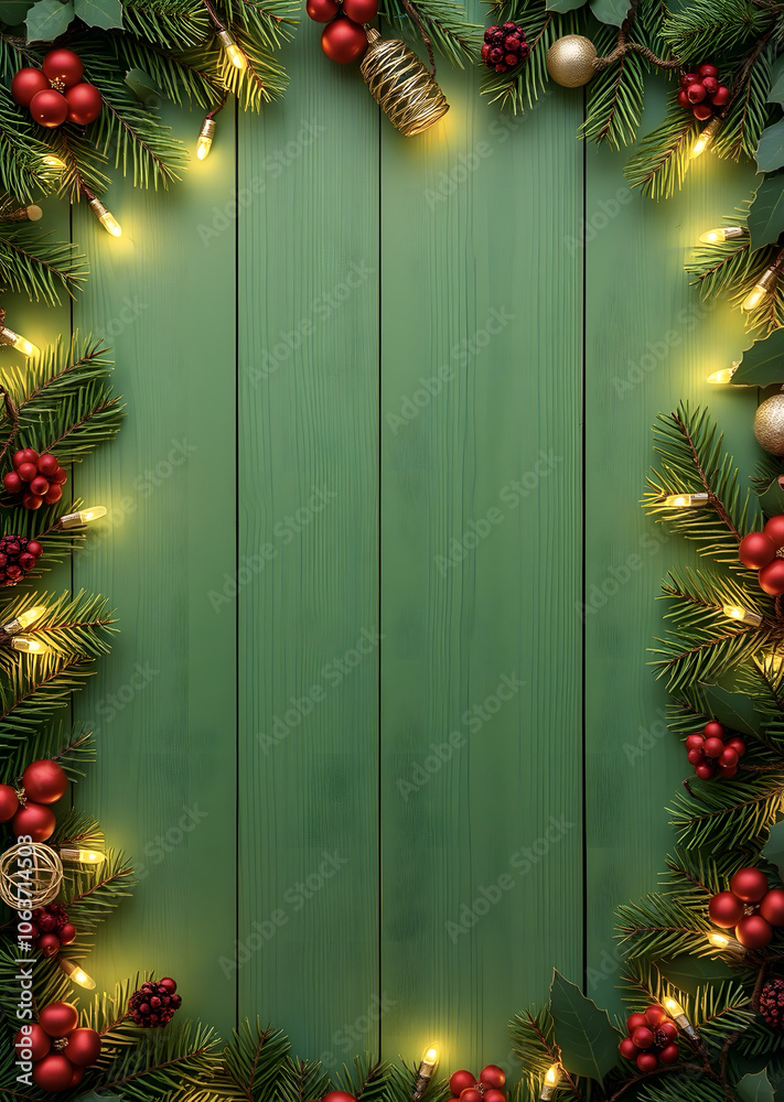 Frame of fir branches, garland with lights and holiday decorations on green wooden background. Christmas and New Year celebration. Winter holidays. Top view, flat lay with space for text. Frame of fir branches, garland with lights and holiday decorations on green wooden background. Christmas and New Year celebration. Winter holidays. Top view, flat lay with space for text.