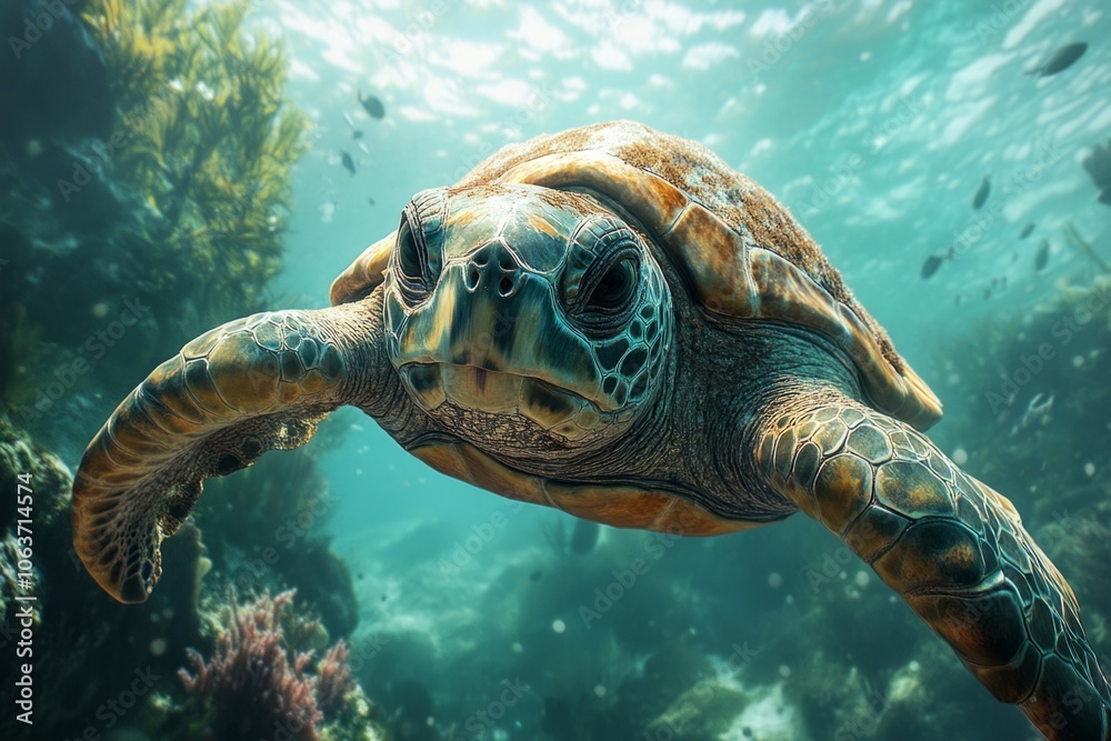 Obraz premium Sea turtle swimming in the ocean over a coral reef