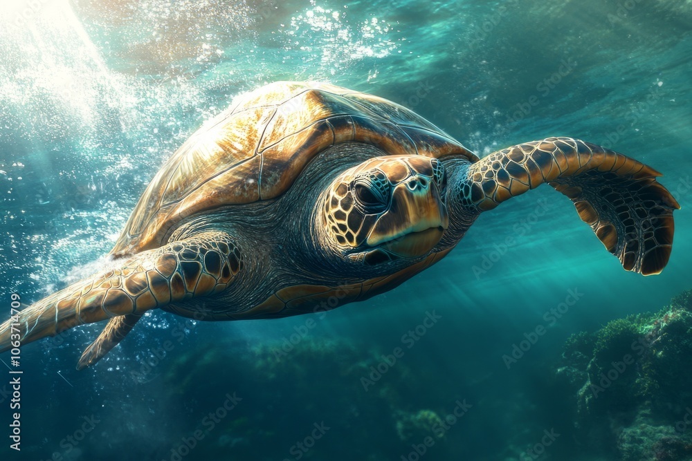 Obraz premium Sea turtle swimming in the ocean near coral reef