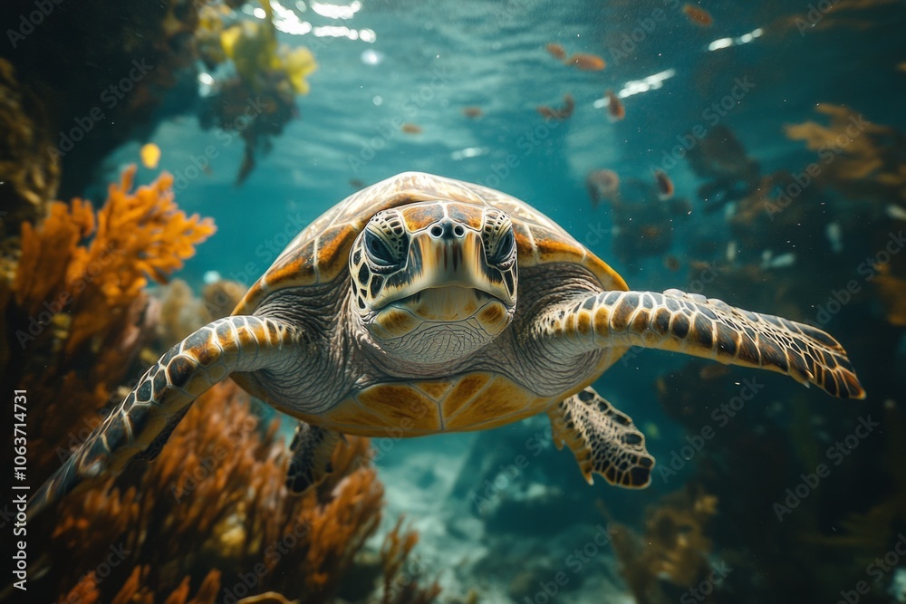Fototapeta premium Hawksbill sea turtle swimming in coral reef: majestic marine life