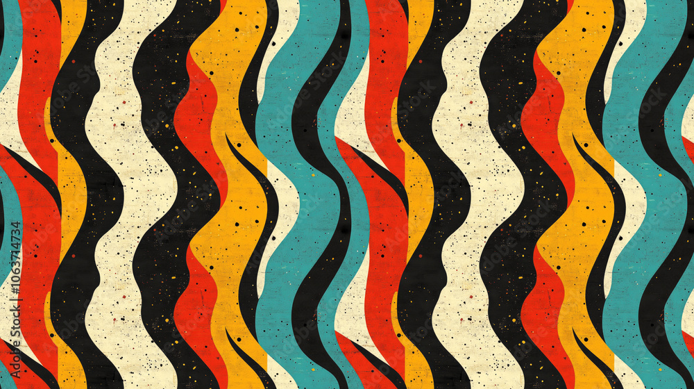 Colorful seamless pattern featuring wavy stripes and geometric shapes ideal for home decor or textile designs Colorful seamless pattern featuring wavy stripes and geometric shapes ideal for home decor or textile designs