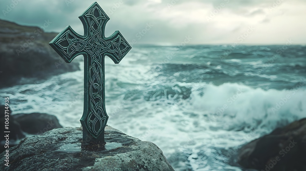 Ornate Celtic Cross on Windswept Coastal Cliff Overlooking Dramatic Ocean Waves Ornate Celtic Cross on Windswept Coastal Cliff Overlooking Dramatic Ocean Waves