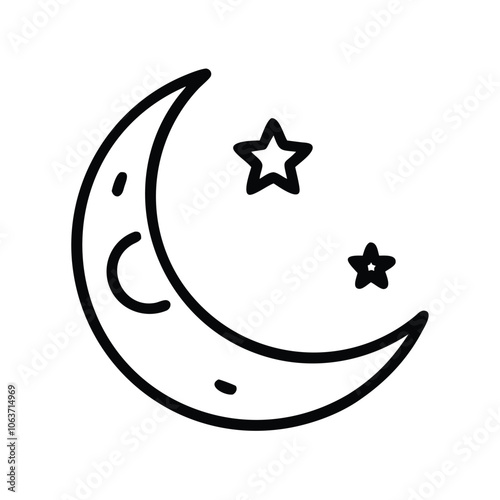 Crescent moon and stars icon in outline, Black and white outline icon of a crescent moon with stars, representing night, sleep, and calm in a minimalist style.