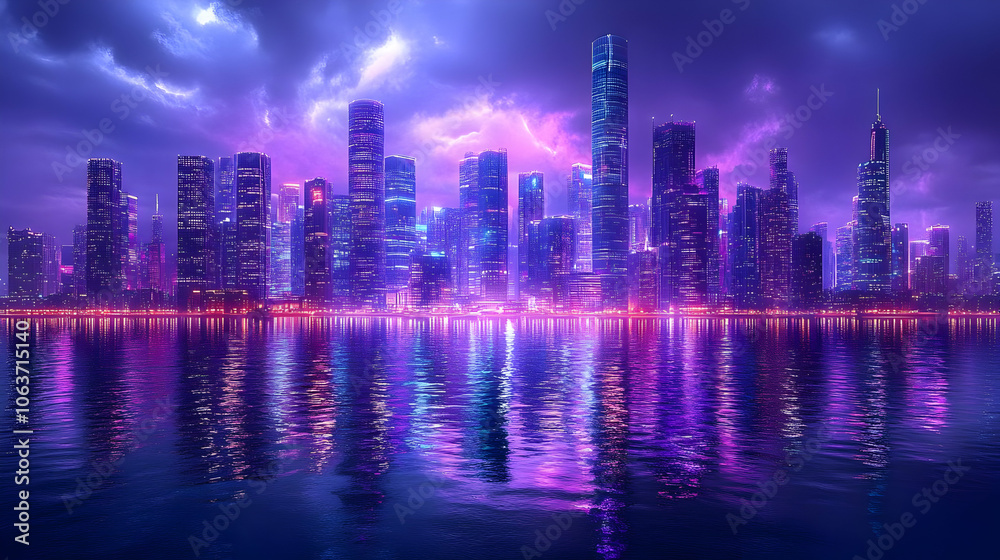 Fototapeta premium Neon Cityscape Reflection - Illustration