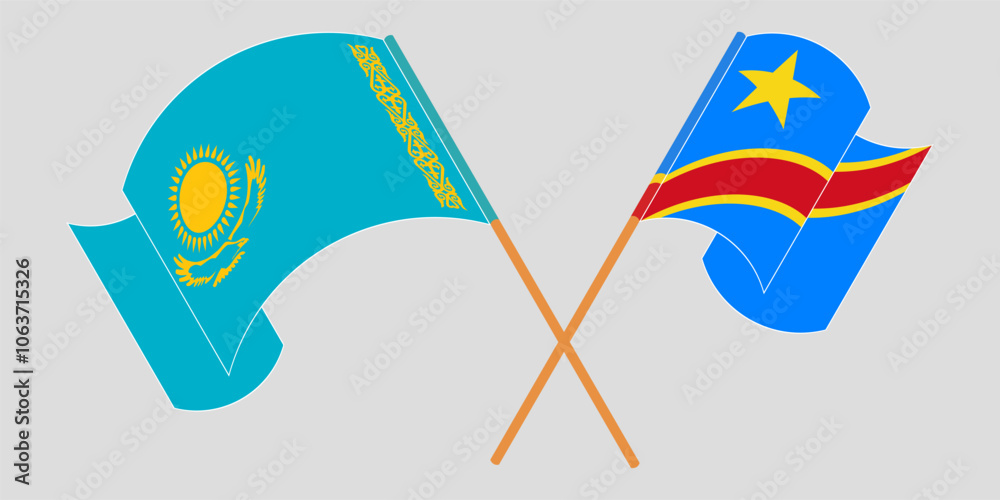 Crossed and waving flags of Kazakhstan and Democratic Republic of the Congo. Vector illustration Crossed and waving flags of Kazakhstan and Democratic Republic of the Congo. Vector illustration
