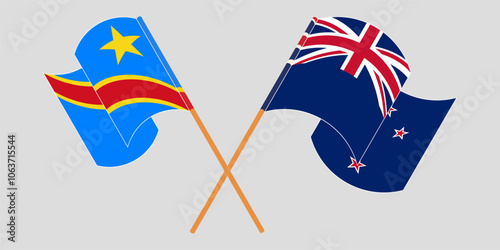 Crossed and waving flags of Democratic Republic of the Congo and New Zealand. Vector illustration