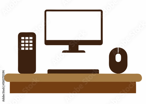 Vector Silhouette Wireless keyboard and mouse on a wooden desk setup on white background