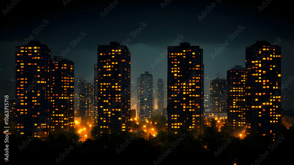 Fototapeta premium Nighttime Cityscape with Illuminated Buildings