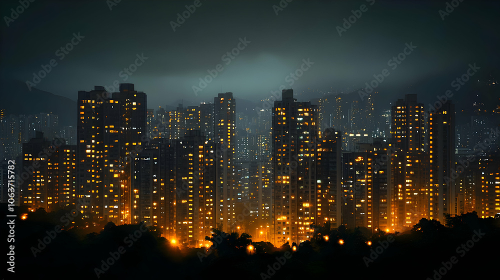 Obraz premium Cityscape Nighttime Skyline, Urban Architecture Illustration