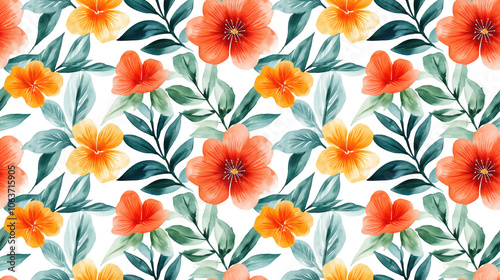 Wallpaper Mural Watercolor leaf and flower seamless pattern vibrant botanical design on white background Torontodigital.ca