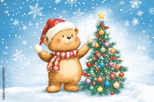 Cheerful bear in a Santa hat and scarf decorating a Christmas tree with colorful ornaments, surrounded by snowflakes on a snowy winter background