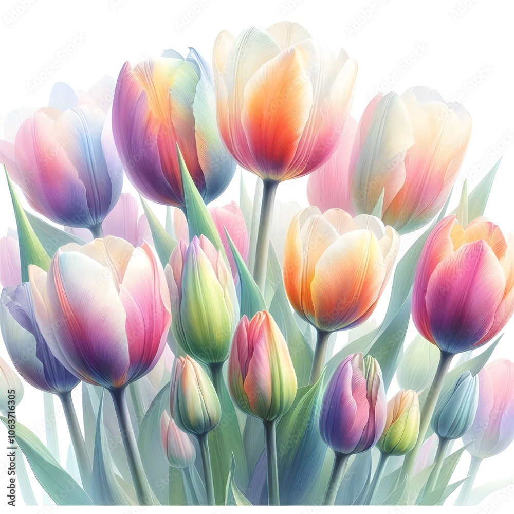 Fototapeta premium 흰 배경, 오로라 색상의 튤립, 수채화 (white background, aurora color Tulip, water colour)