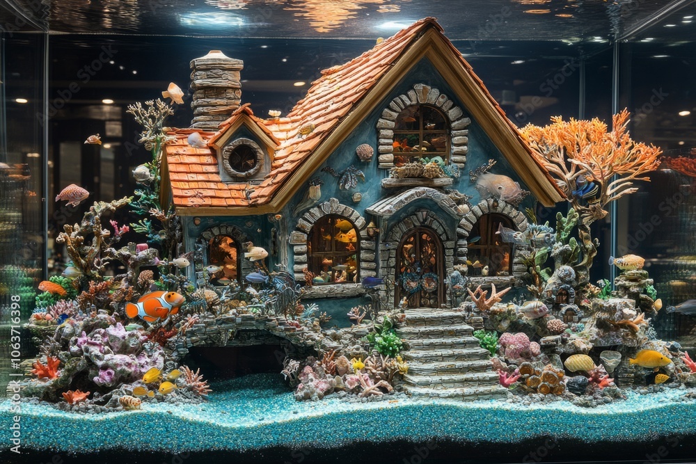 Fototapeta premium Tropical fish swimming around miniature house in aquarium