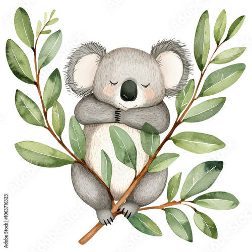 Cute koala resting on a branch surrounded by leaves, ideal for nature-themed designs. photo