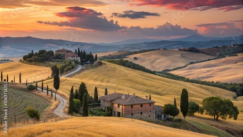 Serene Italian Countryside at Sunset with Rolling Hills and Soft Light Over Scenic Landscape Views