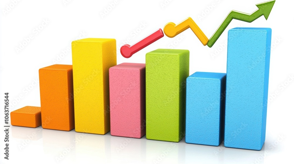 Colorful bar chart showing data growth with a rising arrow, symbolizing success in business and analytics. Colorful bar chart showing data growth with a rising arrow, symbolizing success in business and analytics.