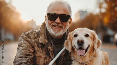 An elderly man with a gray beard and sunglasses is seen with his happy golden retriever, both basking in the warm glow of a sunny day in the park. photo