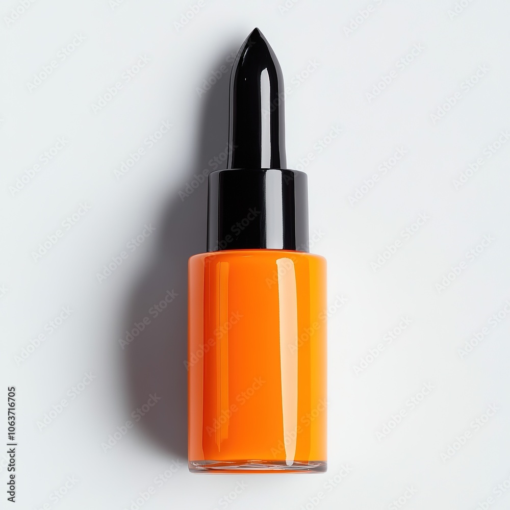 Orange nail polish bottle with black cap on white background. Orange nail polish bottle with black cap on white background.