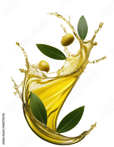 Olive oil splash with leaves, isolated on white background.