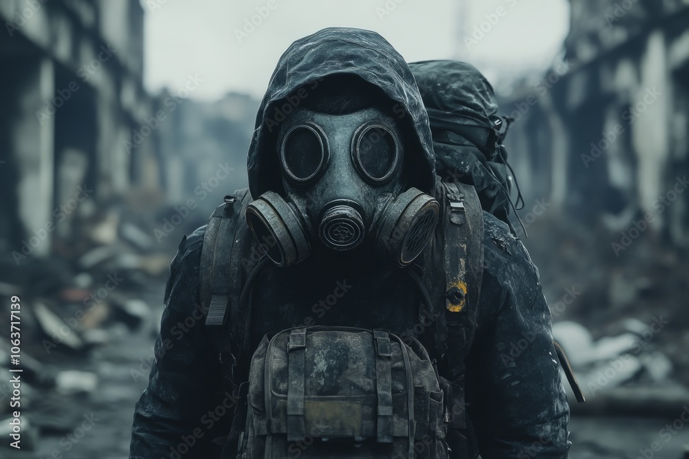 Post apocalyptic survivor wearing gas mask in destroyed city Post apocalyptic survivor wearing gas mask in destroyed city