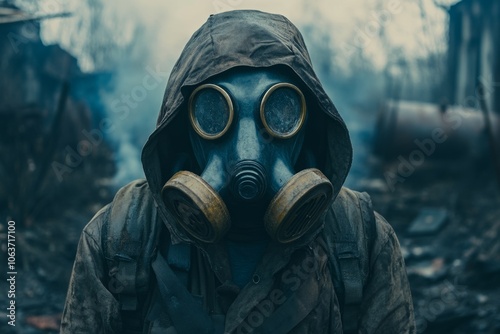 Post apocalyptic survivor wearing gas mask in ruined city