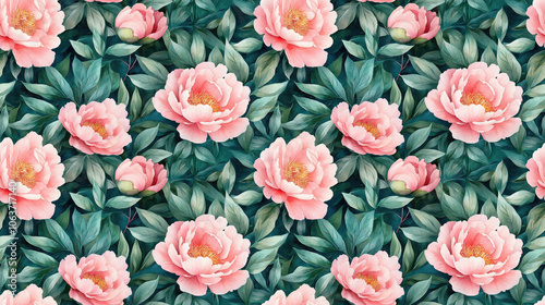 Watercolor pink peonies and lush green leaves in a seamless pattern perfect for fabric wallpaper and wrapping designs