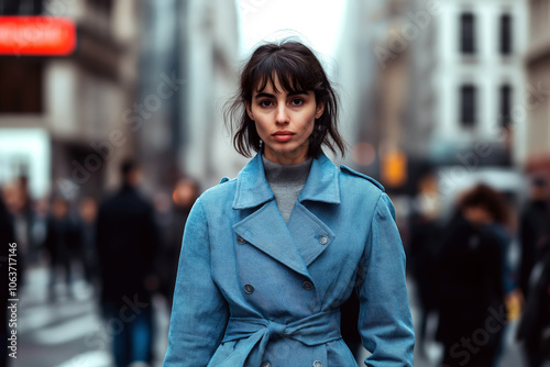 Stylish woman in a denim trench coat with oversized lapels, walking confidently through a busy urban street.