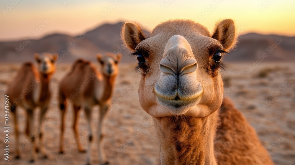 Obraz premium Three camels travel together across the expansive desert, silhouetted against a breathtaking sunset, epitomizing the beauty of nature, unity, and timeless adventure.