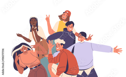 Lively Group Of Friends Poses Together Showing Joy And Unity Through Bright Smiles And Playful Gestures