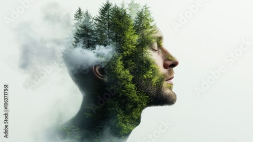 A serene profile of a face intertwined with lush green trees, symbolizing the profound connection between human consciousness and the natural world around us.