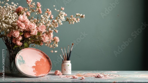 A vase of pink and white flowers with paintbrushes and a paint palette on a rustic wooden table, conveying a spring garden vibe and artistic creativity setup. photo