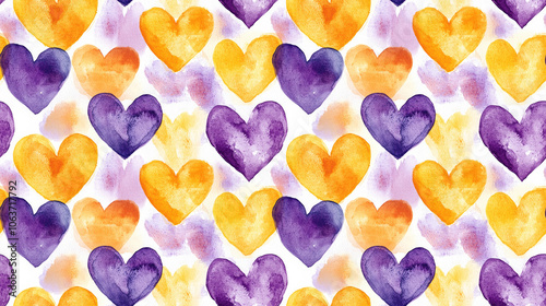 Seamless watercolor pattern featuring handmade heart designs in yellow and violet perfect for Valentine s Day celebrations photo