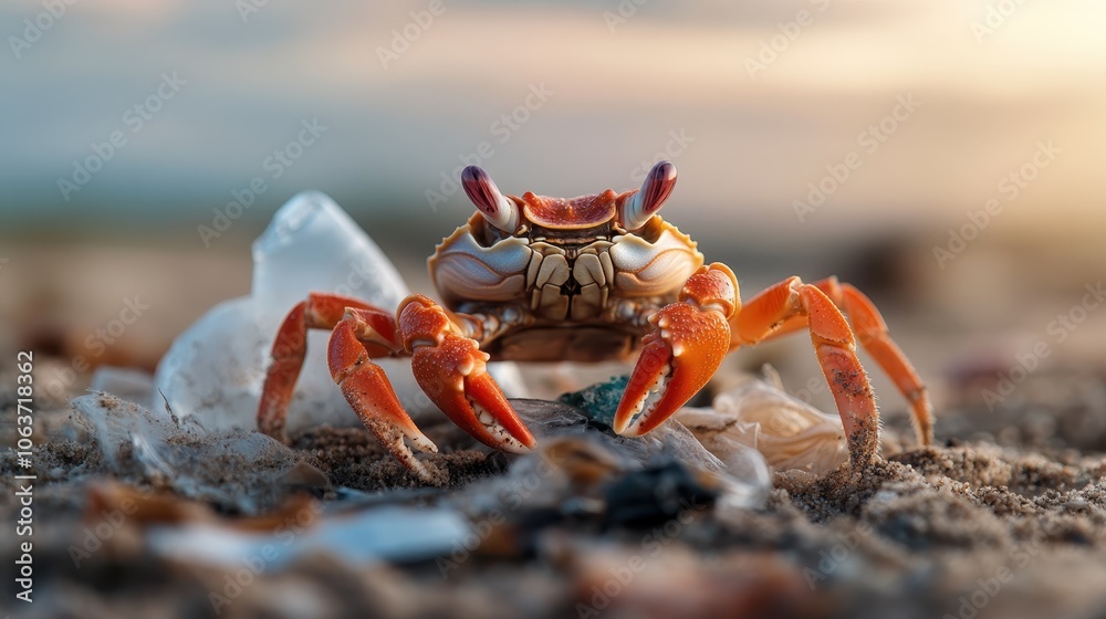 An orange crab wanders across a beach cluttered with plastic debris, visually illustrating the significant environmental challenges facing marine wildlife today. An orange crab wanders across a beach cluttered with plastic debris, visually illustrating the significant environmental challenges facing marine wildlife today.