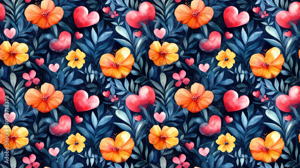 Vibrant seamless pattern featuring watercolor flowers and hearts perfect for textile design and home decor Vibrant seamless pattern featuring watercolor flowers and hearts perfect for textile design and home decor