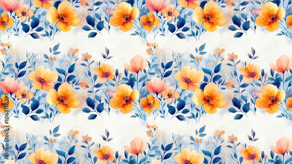 Obraz premium Vibrant seamless pattern featuring hand painted watercolor floral motifs with delicate flowers and leaves over an aged textured grass background ideal for fabric and wallpaper design