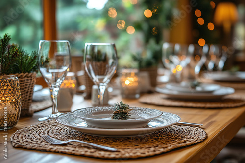 A dining room with elegant place settings and decorative placemats. photo