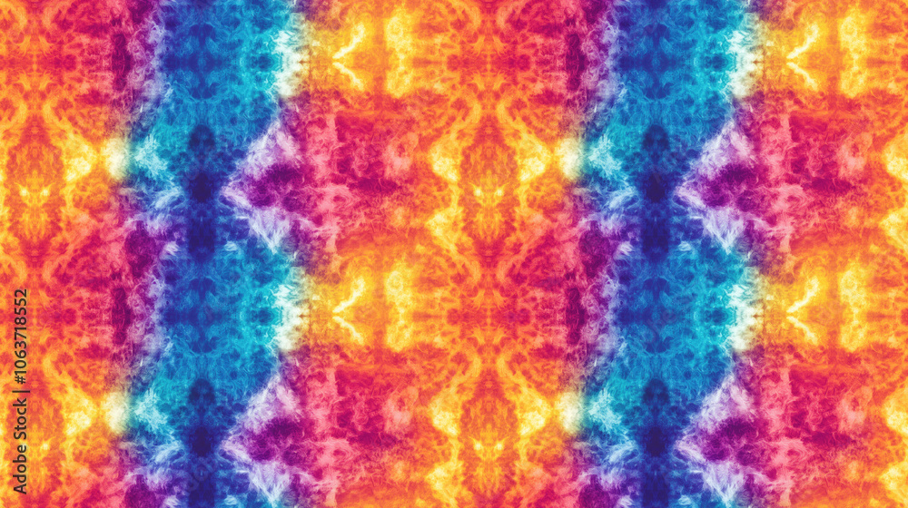 Vibrant seamless pattern of optical tie dye kaleidoscope blur with washed out symmetry and ombre effect ideal for 80s style retro fashion textiles Vibrant seamless pattern of optical tie dye kaleidoscope blur with washed out symmetry and ombre effect ideal for 80s style retro fashion textiles